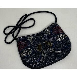 Black Beaded Purse with Cord Strap Hand Made Flapper 20s Vibe Formal evening bag